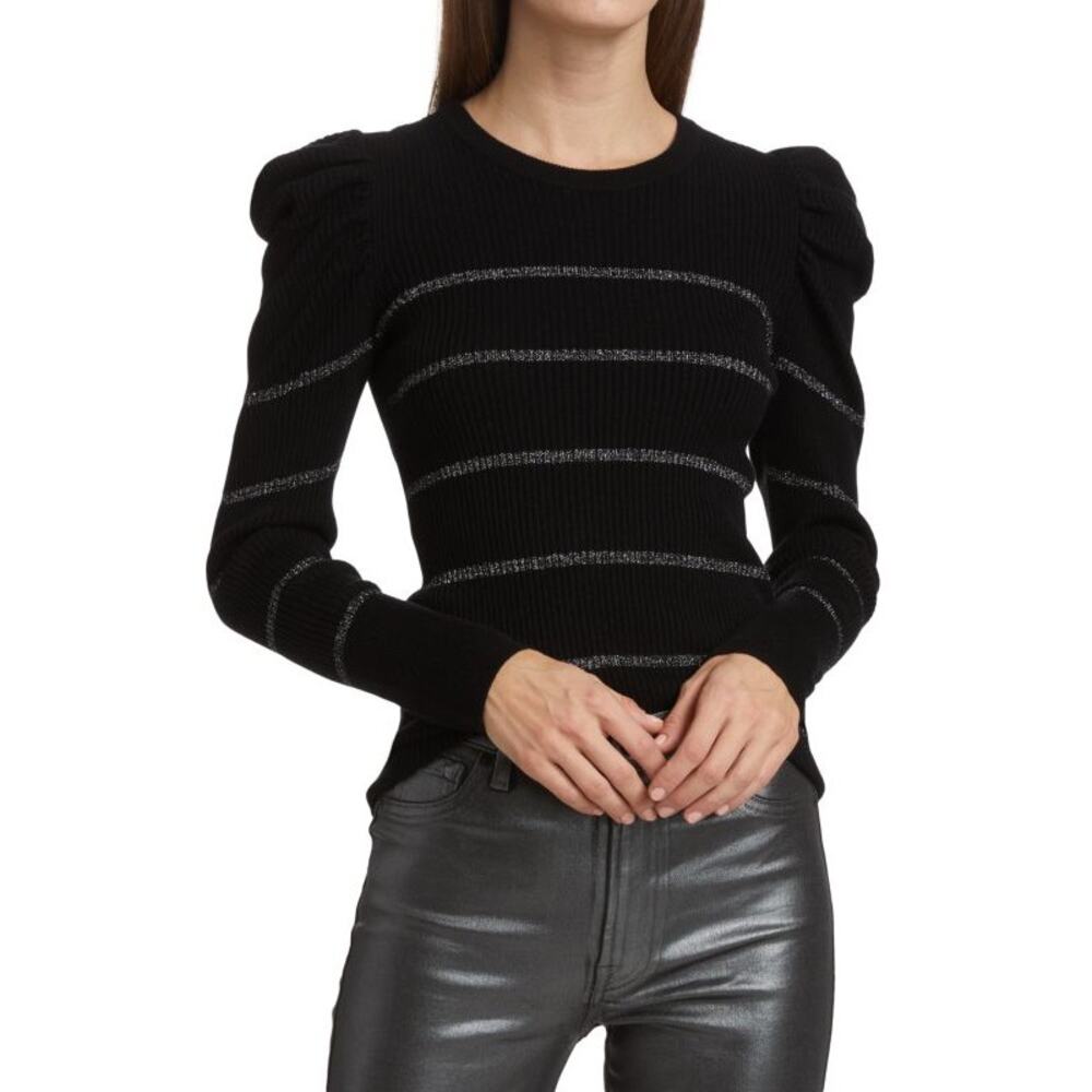 NEW 7 For All Mankind Womens Puff Sleeve Ruffle Striped Sweater XL Black Silver